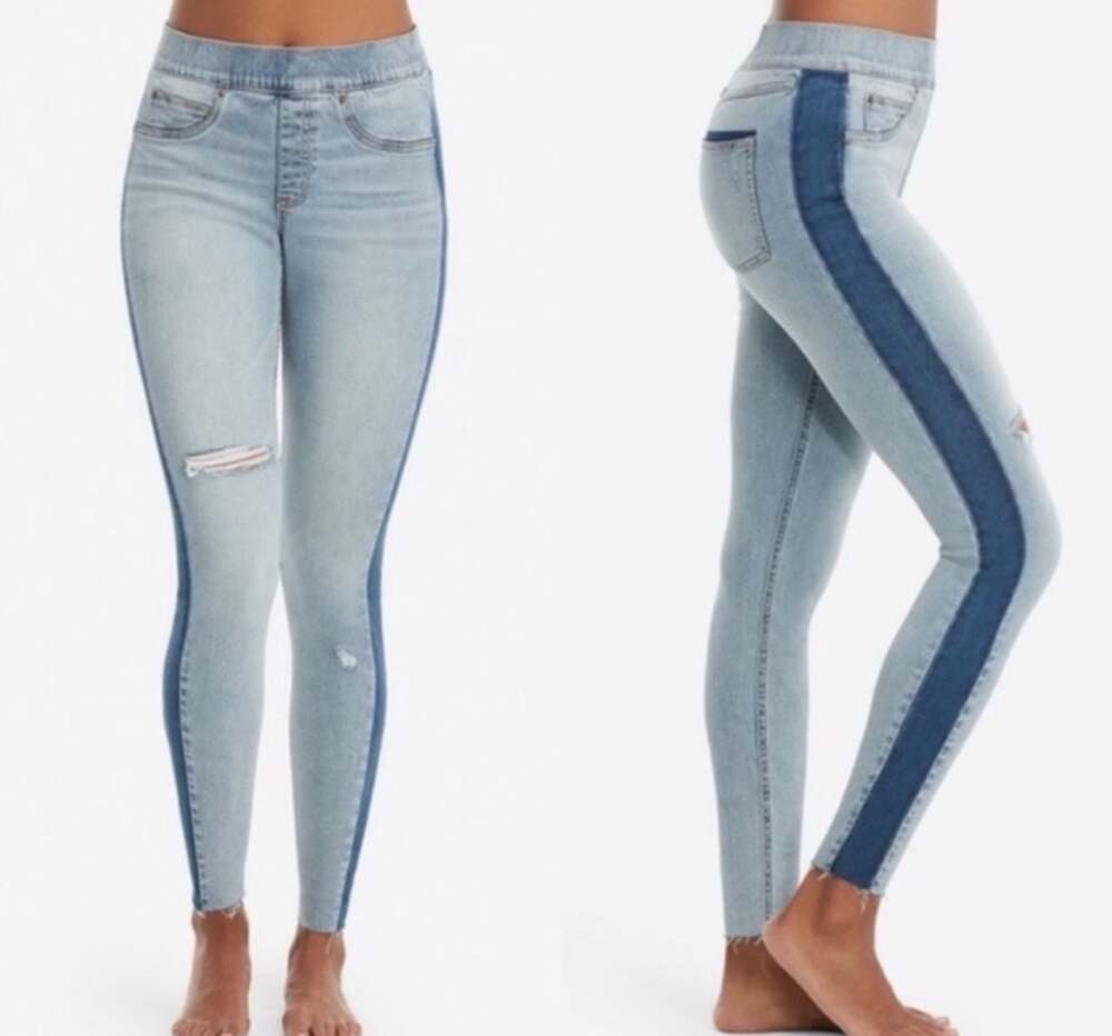 Spanx Skinny Jeans Pull On Tonal Tuxedo Side Stripe‎ Distressed Raw Hem